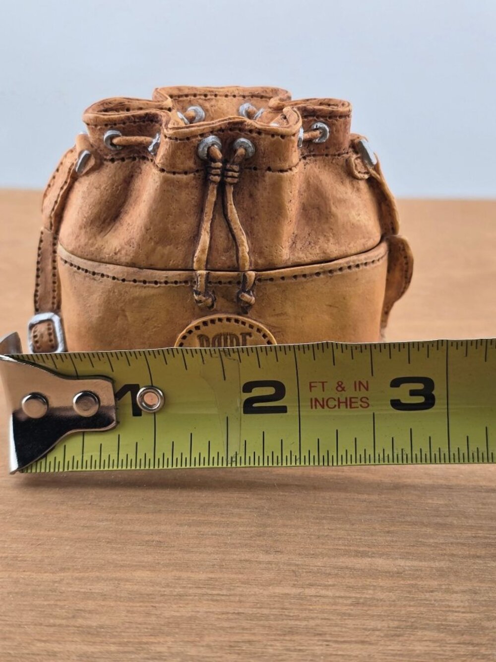 Vintage Raine Miniature Leather Bag Sculpture With Drawstring & Buckle Accents - Picture 12 of 12